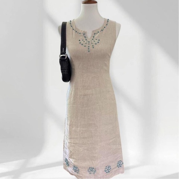 Dual View Dresses & Skirts - Dual View Beige Linen Beaded Sleeveless Midi Sheath Dress Turquoise Beading‎